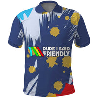 Dude I Said Friendly Graphic Polo Shirt with Gold Paint Splatter and Retro Stripes