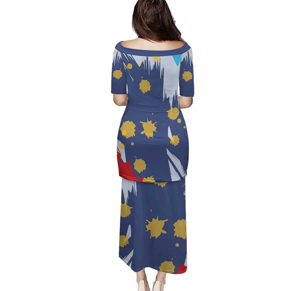 Dude I Said Friendly Graphic Puletasi with Gold Paint Splatter and Retro Stripes