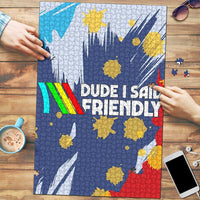 Dude I Said Friendly Graphic Puzzle with Gold Paint Splatter and Retro Stripes