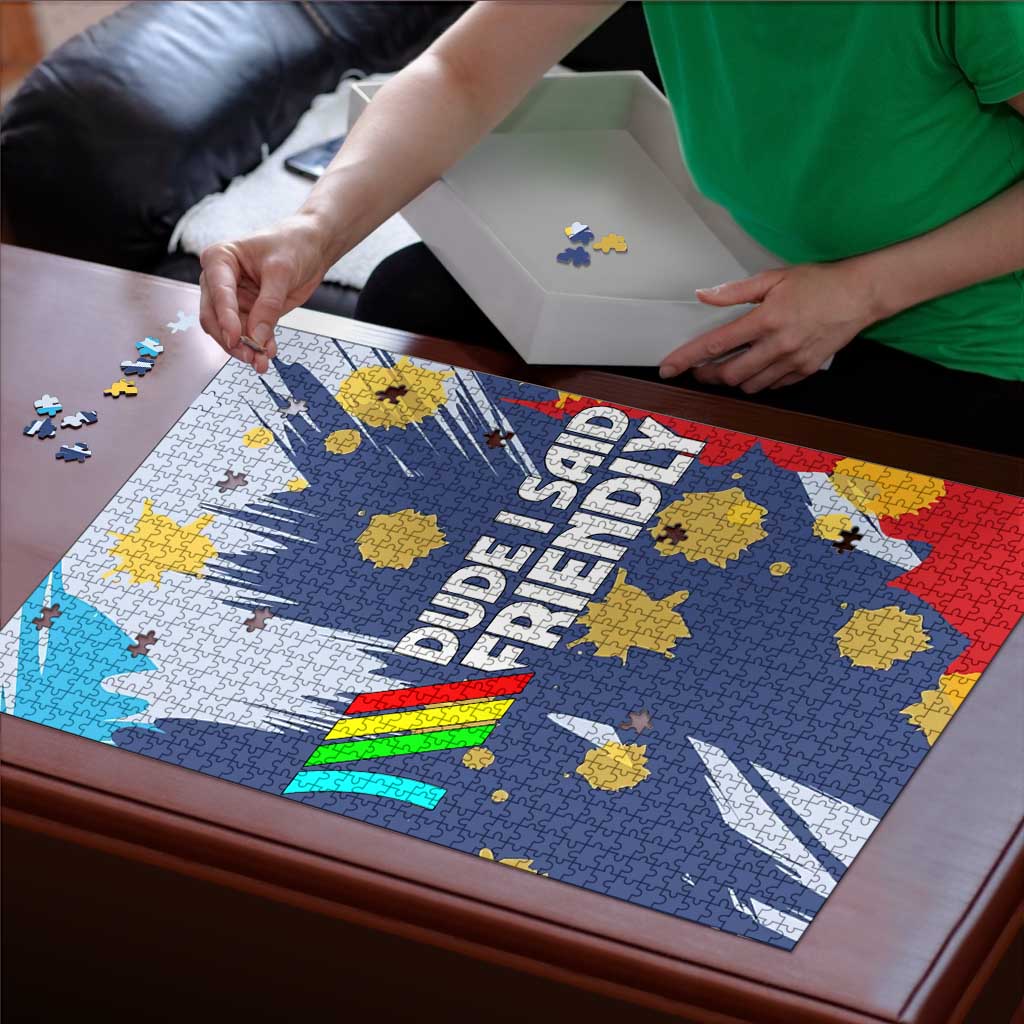 Dude I Said Friendly Graphic Puzzle with Gold Paint Splatter and Retro Stripes