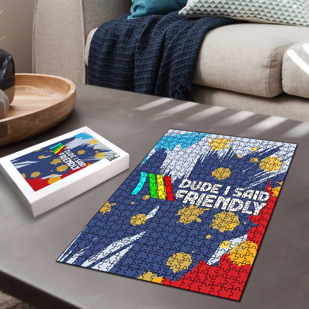 Dude I Said Friendly Graphic Puzzle with Gold Paint Splatter and Retro Stripes
