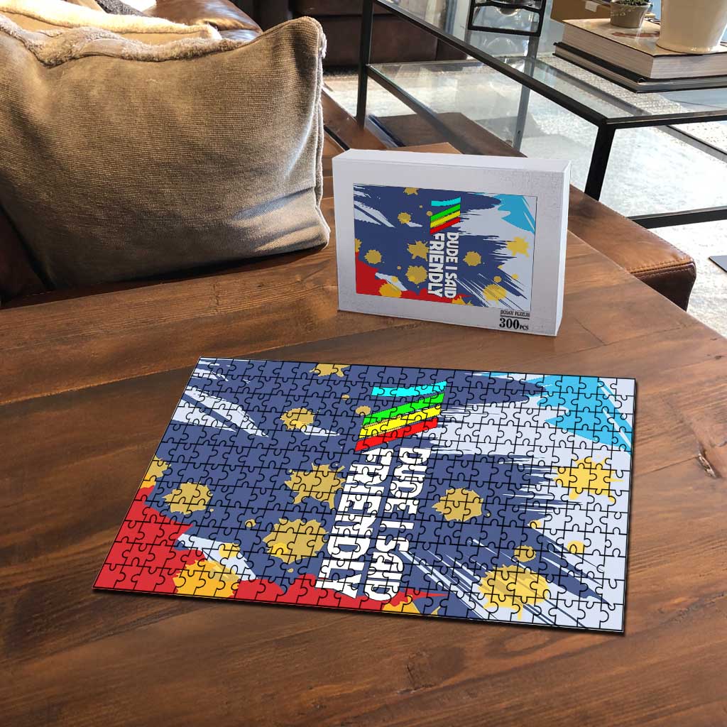 Dude I Said Friendly Graphic Puzzle with Gold Paint Splatter and Retro Stripes