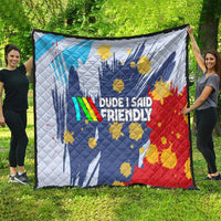 Dude I Said Friendly Graphic Quilt with Gold Paint Splatter and Retro Stripes