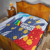 Dude I Said Friendly Graphic Quilt with Gold Paint Splatter and Retro Stripes