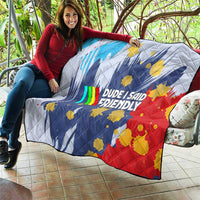 Dude I Said Friendly Graphic Quilt with Gold Paint Splatter and Retro Stripes