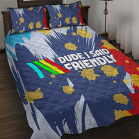 Dude I Said Friendly Graphic Quilt Bed Set with Gold Paint Splatter and Retro Stripes