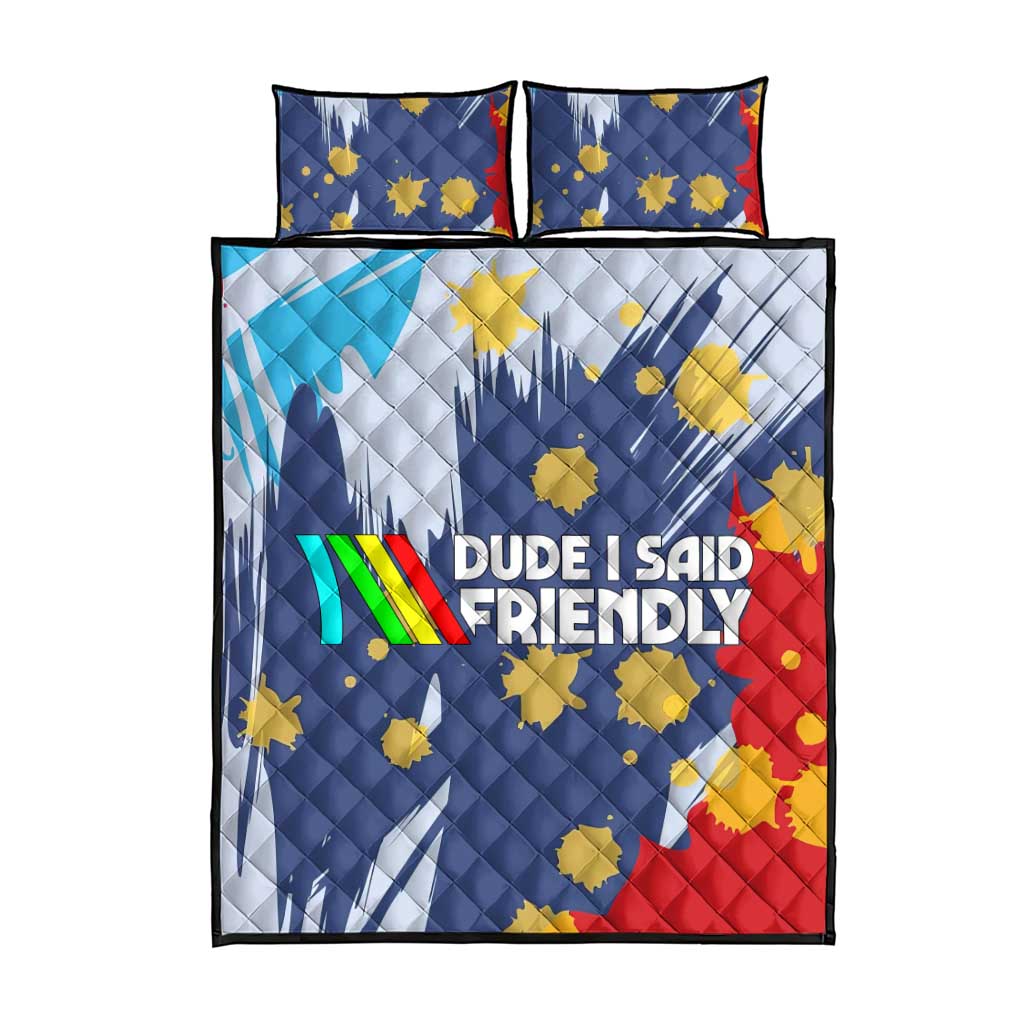 Dude I Said Friendly Graphic Quilt Bed Set with Gold Paint Splatter and Retro Stripes