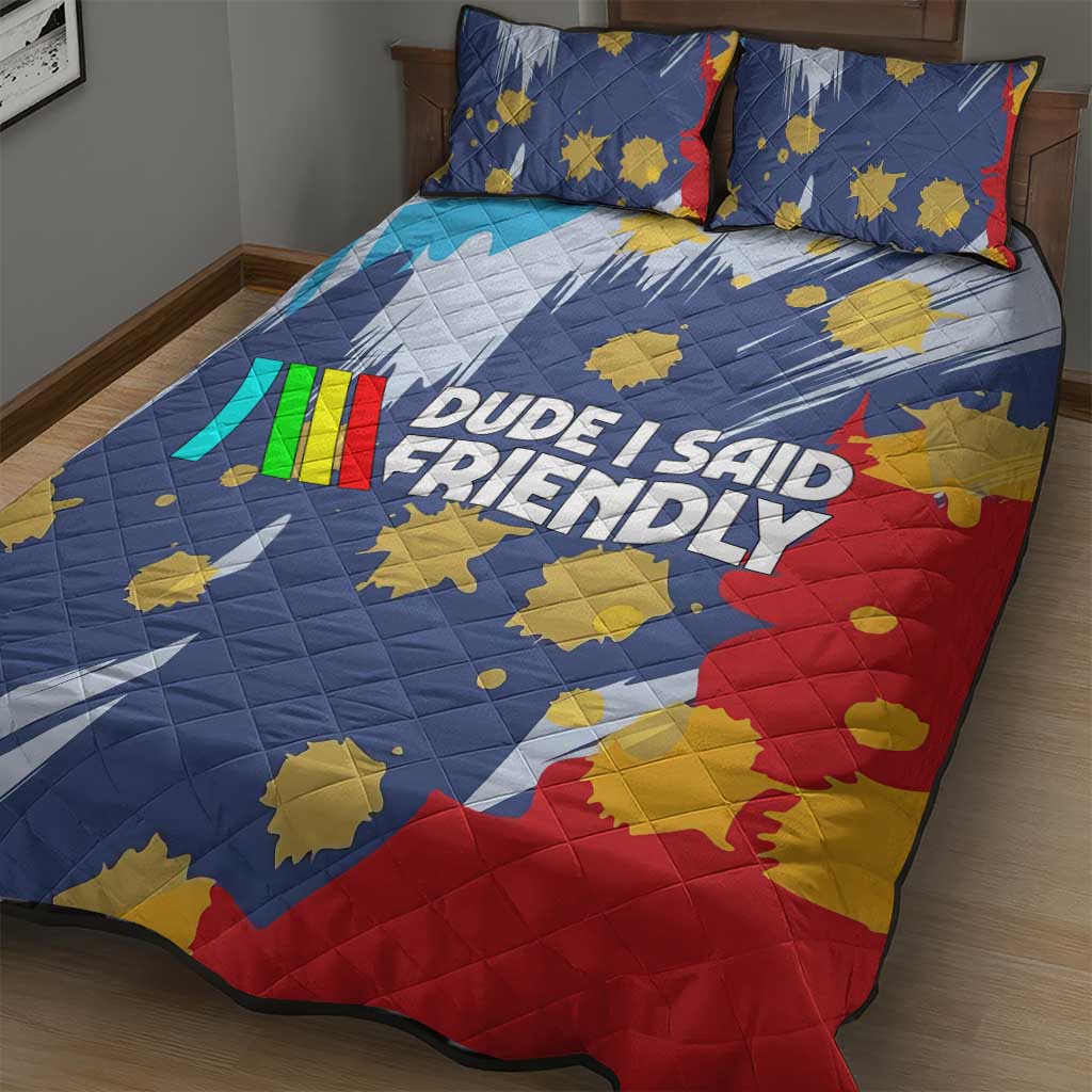 Dude I Said Friendly Graphic Quilt Bed Set with Gold Paint Splatter and Retro Stripes