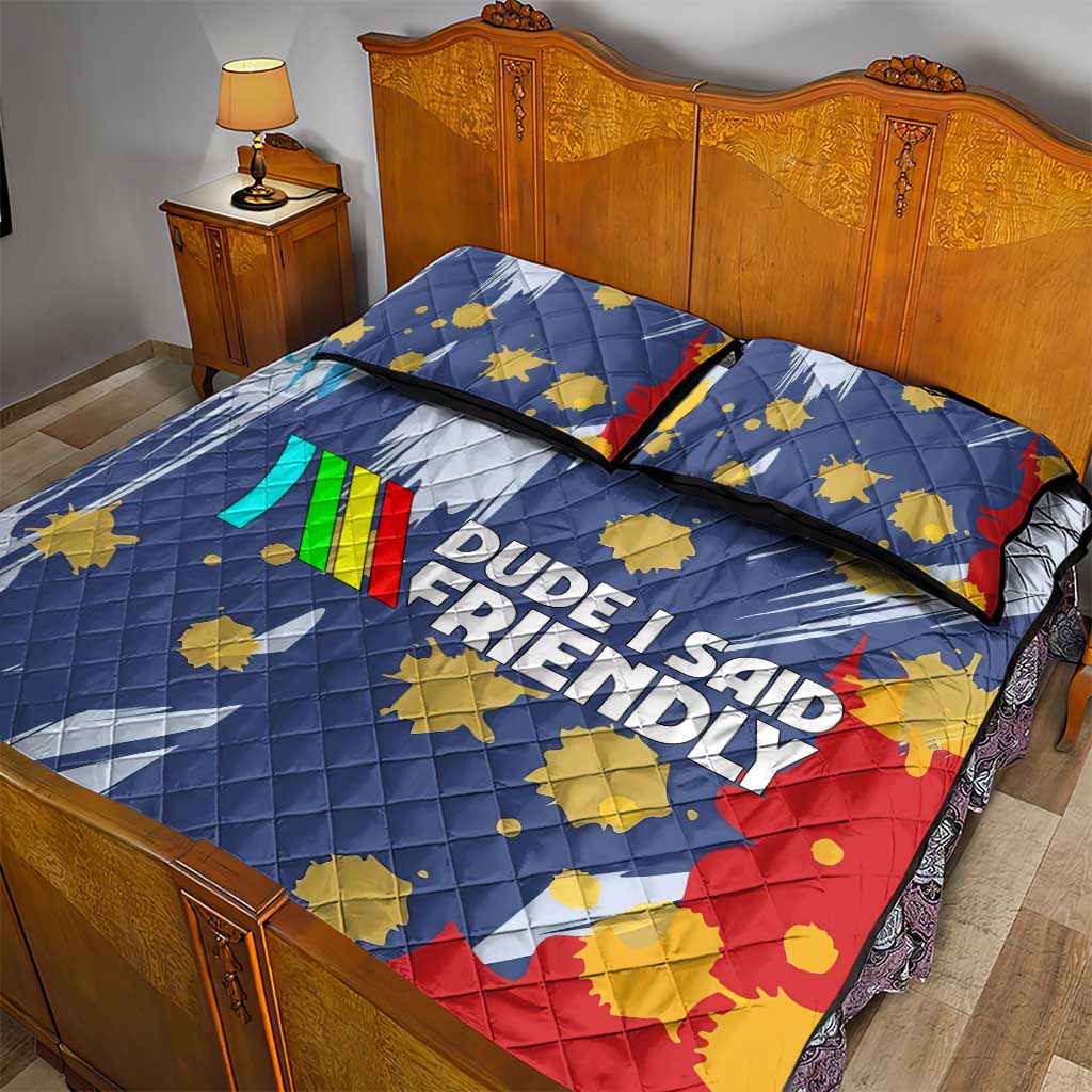Dude I Said Friendly Graphic Quilt Bed Set with Gold Paint Splatter and Retro Stripes