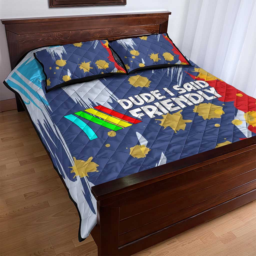 Dude I Said Friendly Graphic Quilt Bed Set with Gold Paint Splatter and Retro Stripes