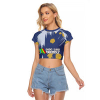 Dude I Said Friendly Graphic Raglan Cropped T Shirt with Gold Paint Splatter and Retro Stripes