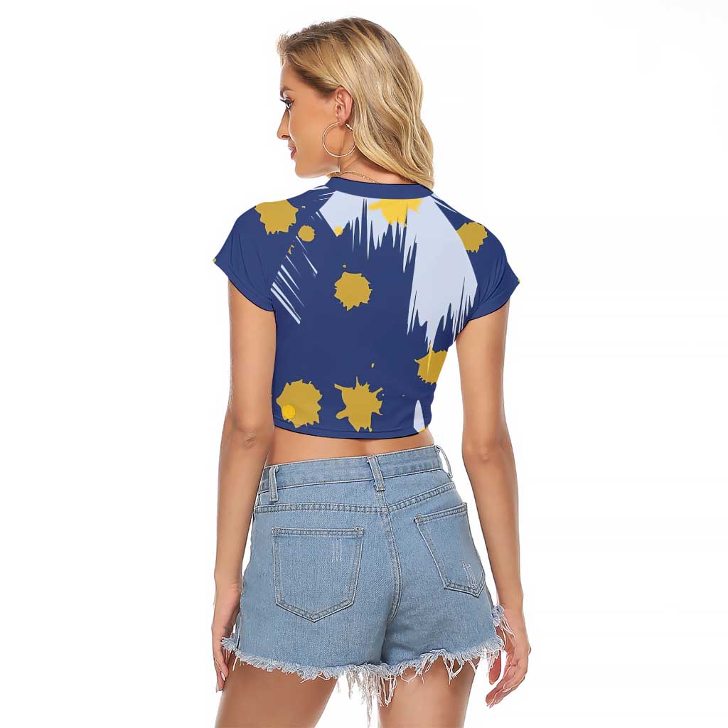 Dude I Said Friendly Graphic Raglan Cropped T Shirt with Gold Paint Splatter and Retro Stripes