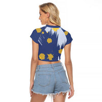 Dude I Said Friendly Graphic Raglan Cropped T Shirt with Gold Paint Splatter and Retro Stripes
