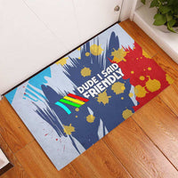 Dude I Said Friendly Graphic Rubber Doormat with Gold Paint Splatter and Retro Stripes