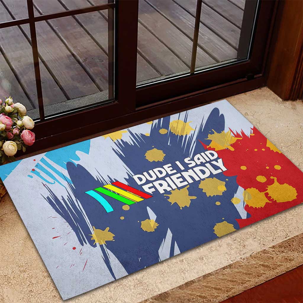 Dude I Said Friendly Graphic Rubber Doormat with Gold Paint Splatter and Retro Stripes