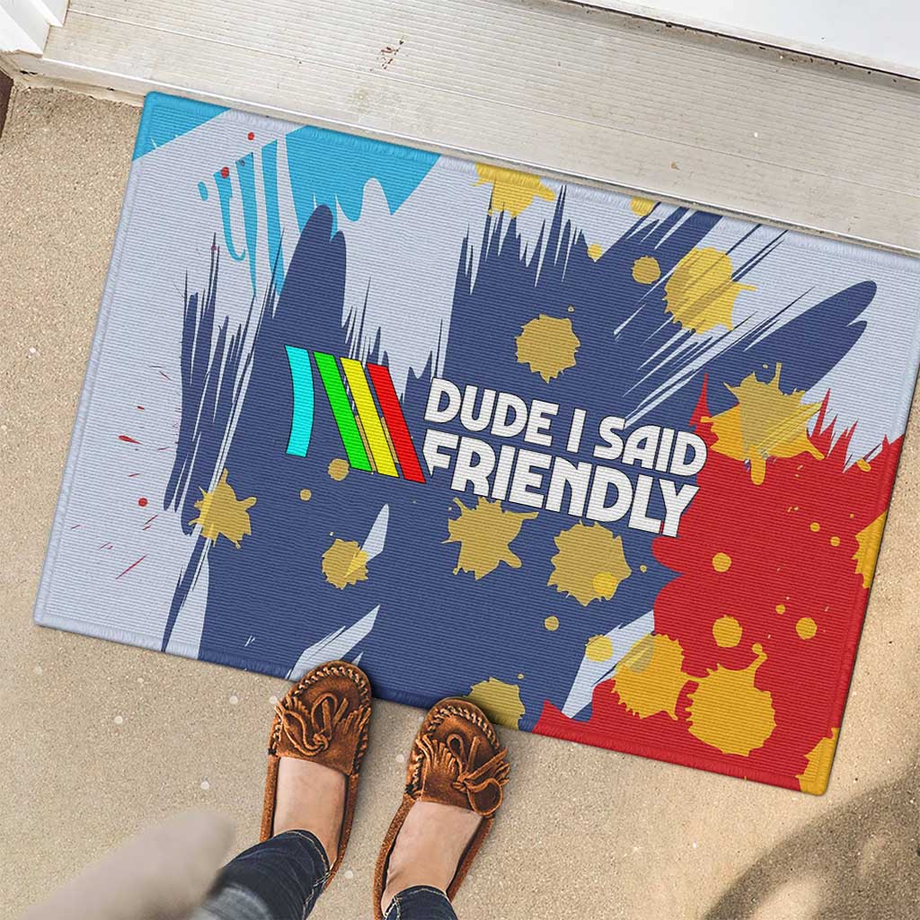 Dude I Said Friendly Graphic Rubber Doormat with Gold Paint Splatter and Retro Stripes