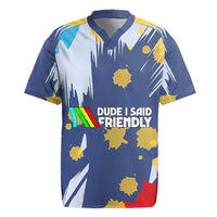 Dude I Said Friendly Graphic Rugby Jersey with Gold Paint Splatter and Retro Stripes