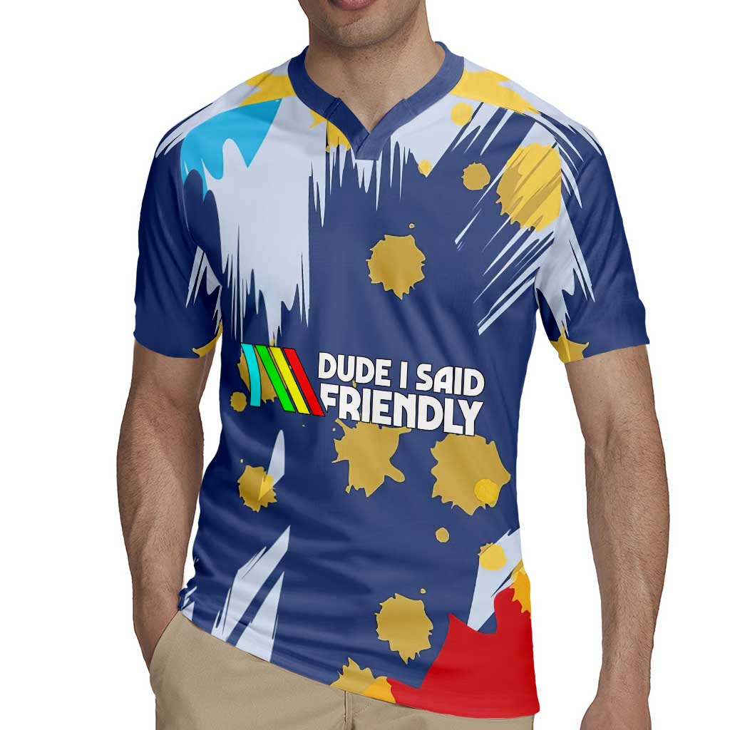 Dude I Said Friendly Graphic Rugby Jersey with Gold Paint Splatter and Retro Stripes
