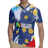 Dude I Said Friendly Graphic Rugby Jersey with Gold Paint Splatter and Retro Stripes