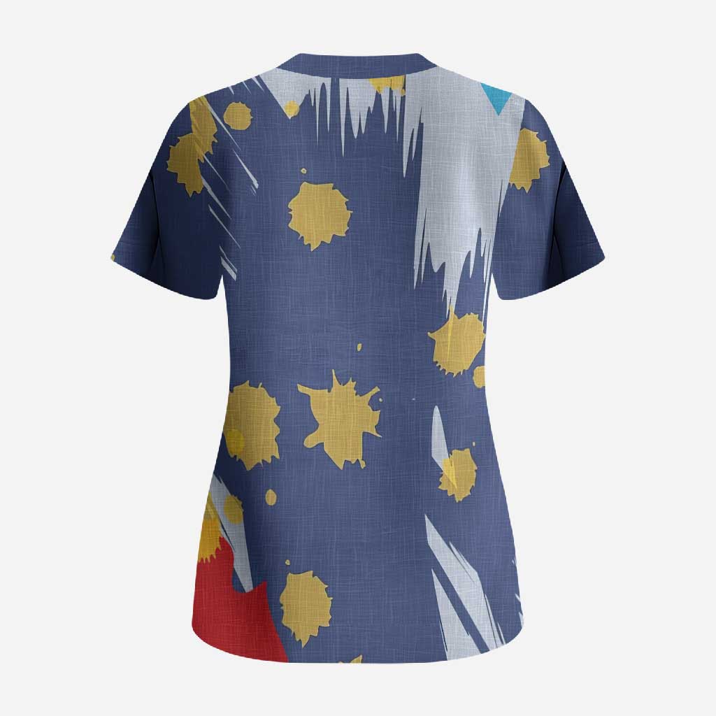 Dude I Said Friendly Graphic Scrub Top with Gold Paint Splatter and Retro Stripes