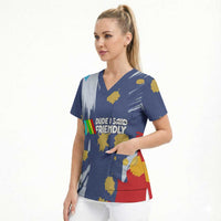 Dude I Said Friendly Graphic Scrub Top with Gold Paint Splatter and Retro Stripes