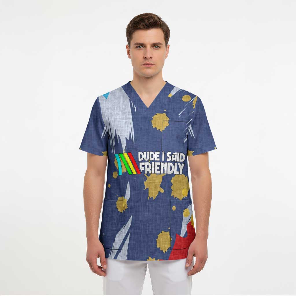 Dude I Said Friendly Graphic Scrub Top with Gold Paint Splatter and Retro Stripes