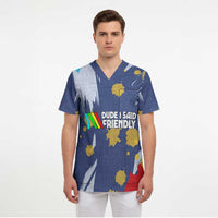 Dude I Said Friendly Graphic Scrub Top with Gold Paint Splatter and Retro Stripes