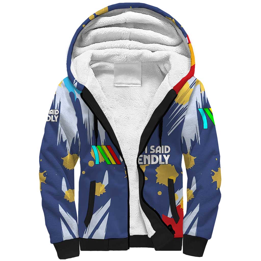 Dude I Said Friendly Graphic Sherpa Hoodie with Gold Paint Splatter and Retro Stripes