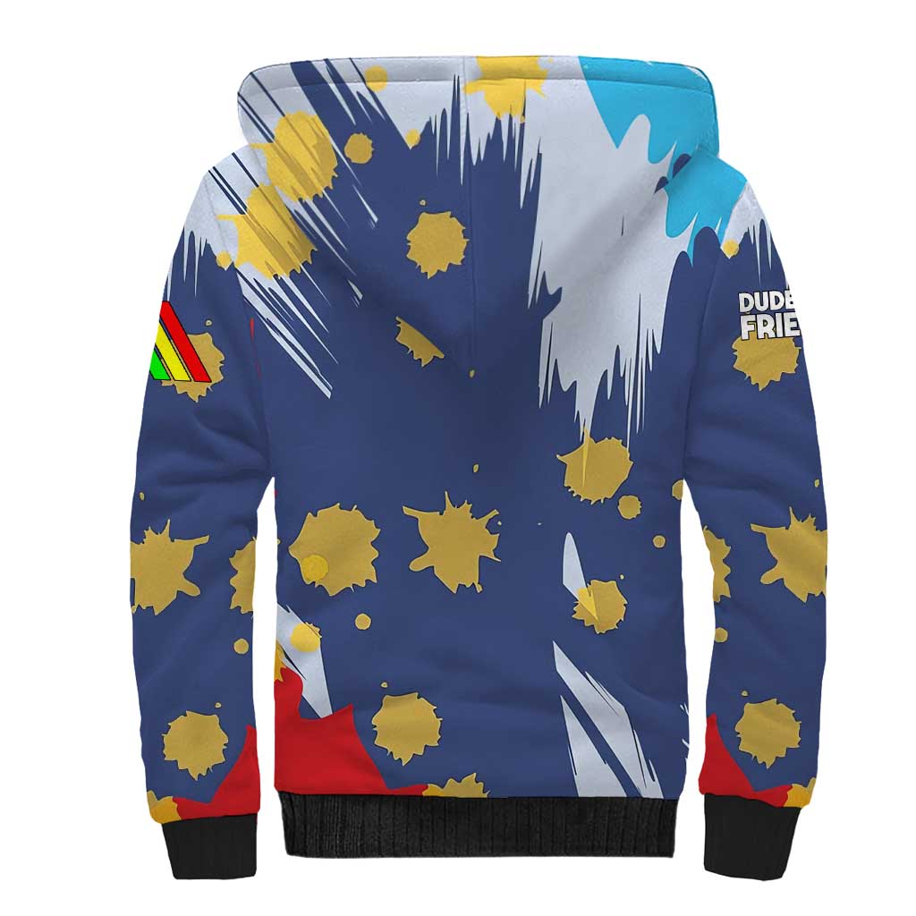 Dude I Said Friendly Graphic Sherpa Hoodie with Gold Paint Splatter and Retro Stripes