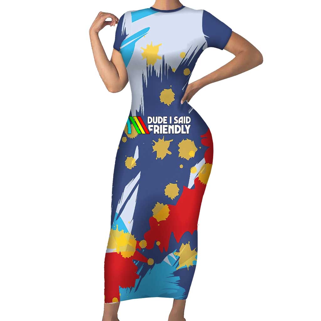 Dude I Said Friendly Graphic Short Sleeve Bodycon Dress with Gold Paint Splatter and Retro Stripes