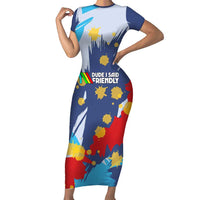 Dude I Said Friendly Graphic Short Sleeve Bodycon Dress with Gold Paint Splatter and Retro Stripes