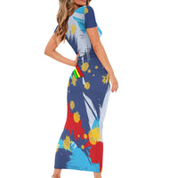 Dude I Said Friendly Graphic Short Sleeve Bodycon Dress with Gold Paint Splatter and Retro Stripes