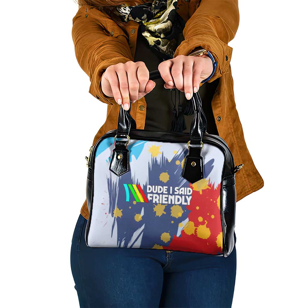 Dude I Said Friendly Graphic Shoulder Handbag with Gold Paint Splatter and Retro Stripes