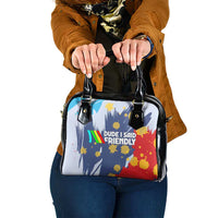 Dude I Said Friendly Graphic Shoulder Handbag with Gold Paint Splatter and Retro Stripes