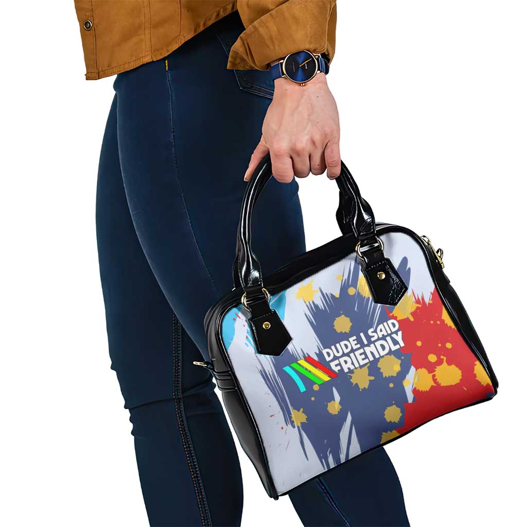 Dude I Said Friendly Graphic Shoulder Handbag with Gold Paint Splatter and Retro Stripes