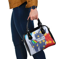 Dude I Said Friendly Graphic Shoulder Handbag with Gold Paint Splatter and Retro Stripes
