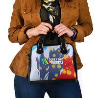 Dude I Said Friendly Graphic Shoulder Handbag with Gold Paint Splatter and Retro Stripes
