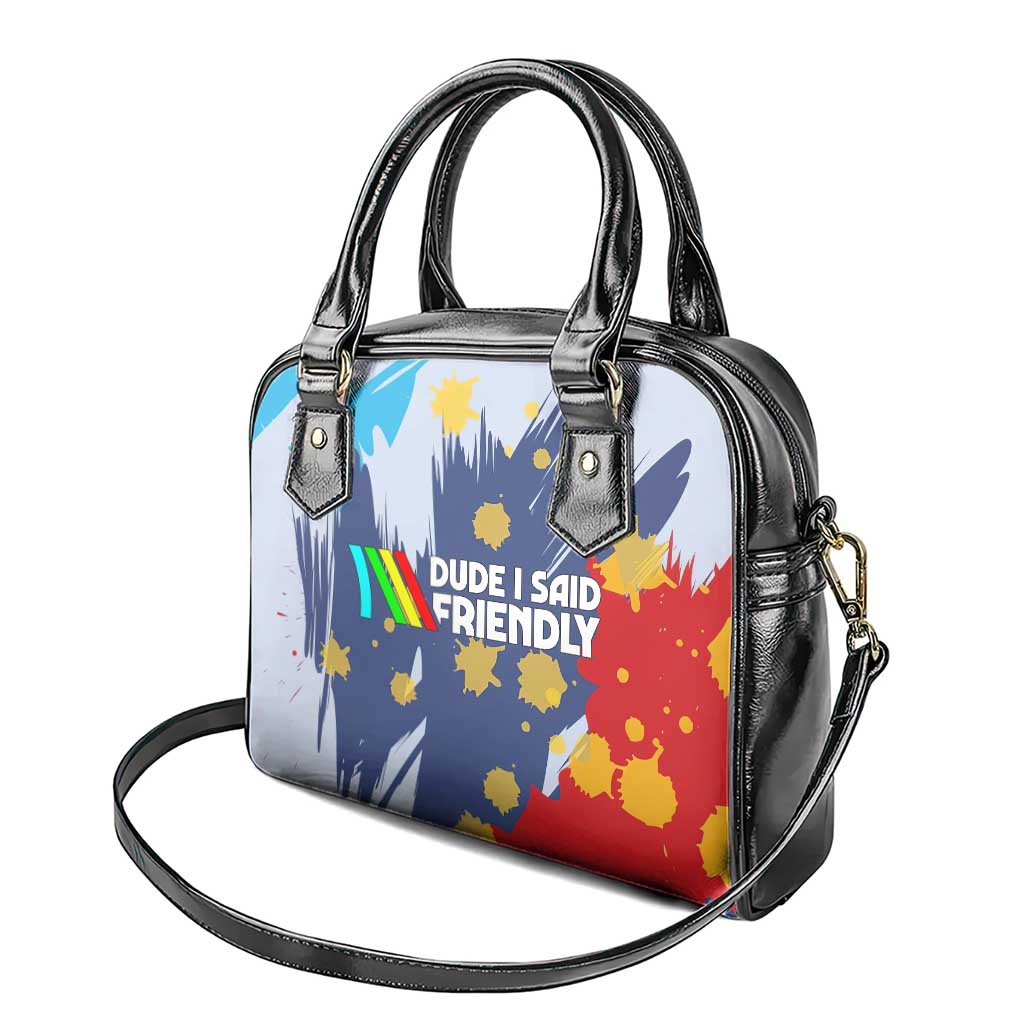 Dude I Said Friendly Graphic Shoulder Handbag with Gold Paint Splatter and Retro Stripes