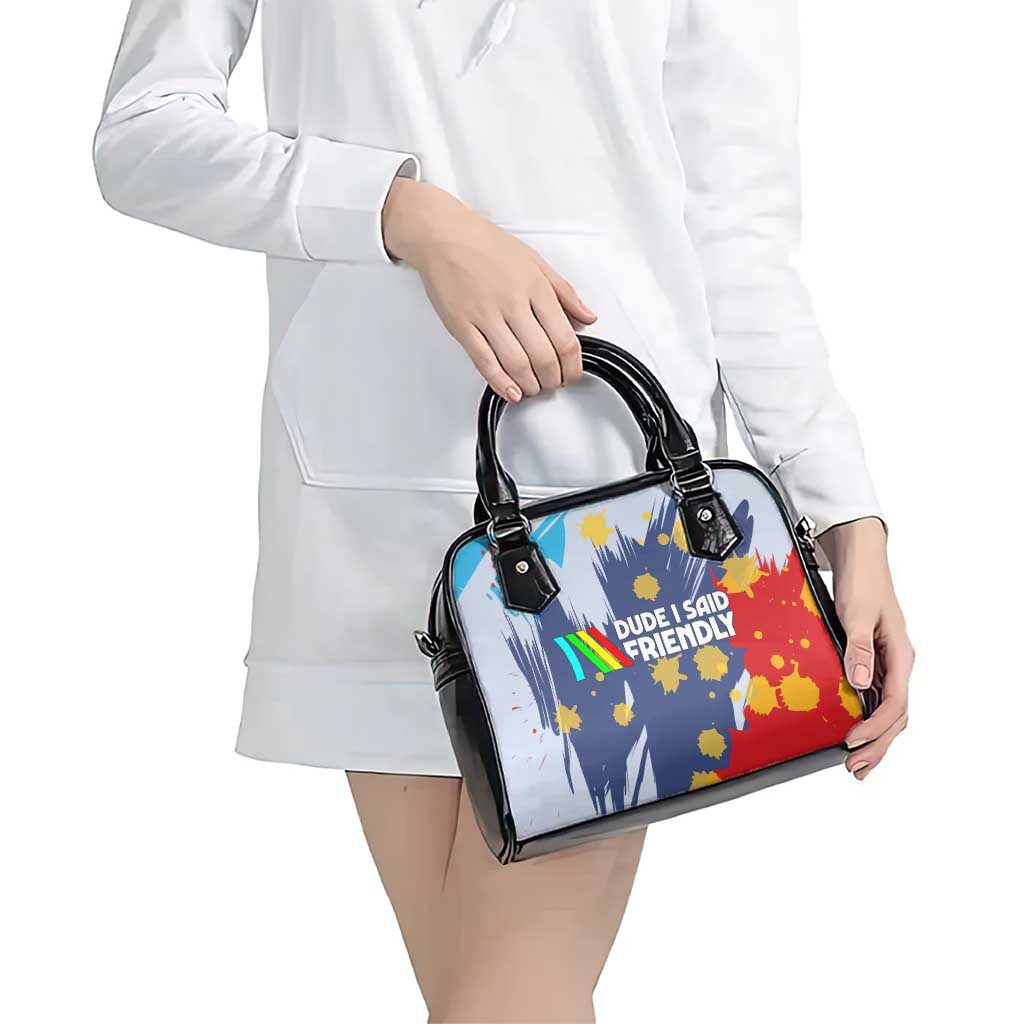 Dude I Said Friendly Graphic Shoulder Handbag with Gold Paint Splatter and Retro Stripes