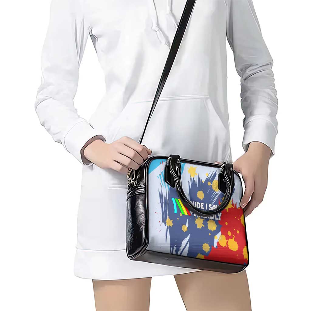 Dude I Said Friendly Graphic Shoulder Handbag with Gold Paint Splatter and Retro Stripes
