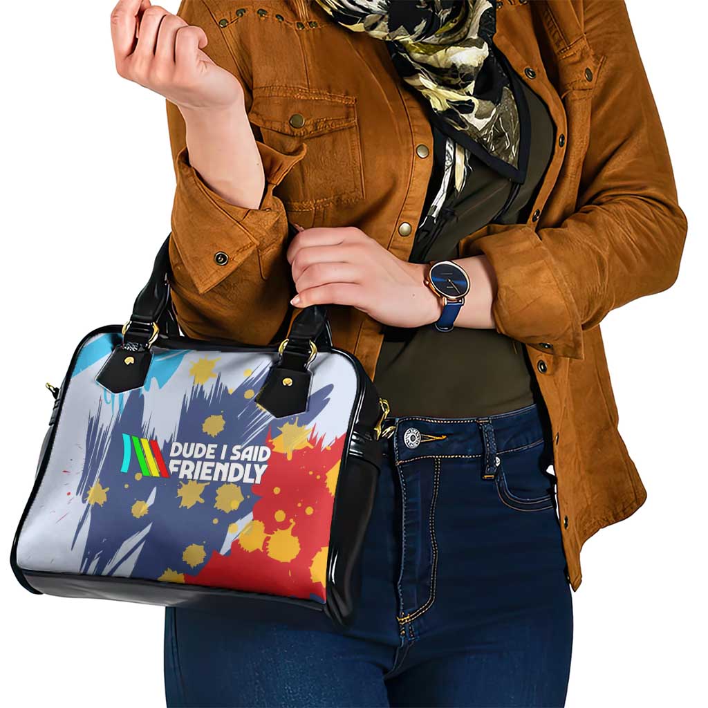 Dude I Said Friendly Graphic Shoulder Handbag with Gold Paint Splatter and Retro Stripes