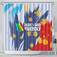 Dude I Said Friendly Graphic Shower Curtain with Gold Paint Splatter and Retro Stripes