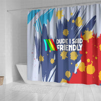 Dude I Said Friendly Graphic Shower Curtain with Gold Paint Splatter and Retro Stripes