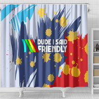 Dude I Said Friendly Graphic Shower Curtain with Gold Paint Splatter and Retro Stripes