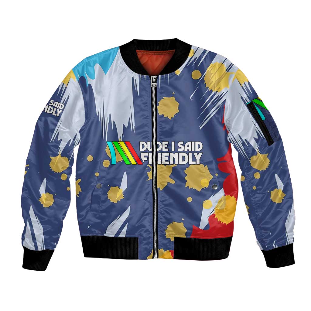 Dude I Said Friendly Graphic Sleeve Zip Bomber Jacket with Gold Paint Splatter and Retro Stripes