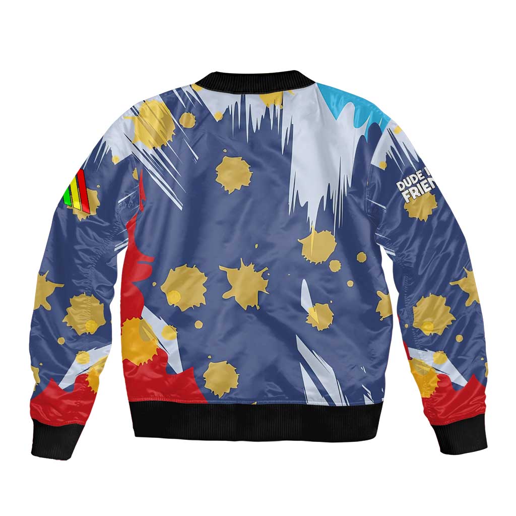 Dude I Said Friendly Graphic Sleeve Zip Bomber Jacket with Gold Paint Splatter and Retro Stripes