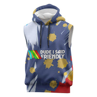 Dude I Said Friendly Graphic Sleeveless Hoodie with Gold Paint Splatter and Retro Stripes