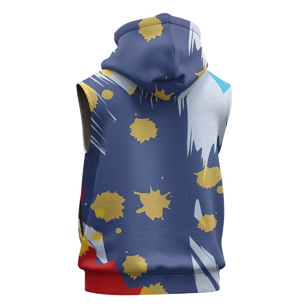 Dude I Said Friendly Graphic Sleeveless Hoodie with Gold Paint Splatter and Retro Stripes