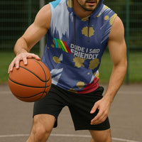 Dude I Said Friendly Graphic Sleeveless Hoodie with Gold Paint Splatter and Retro Stripes