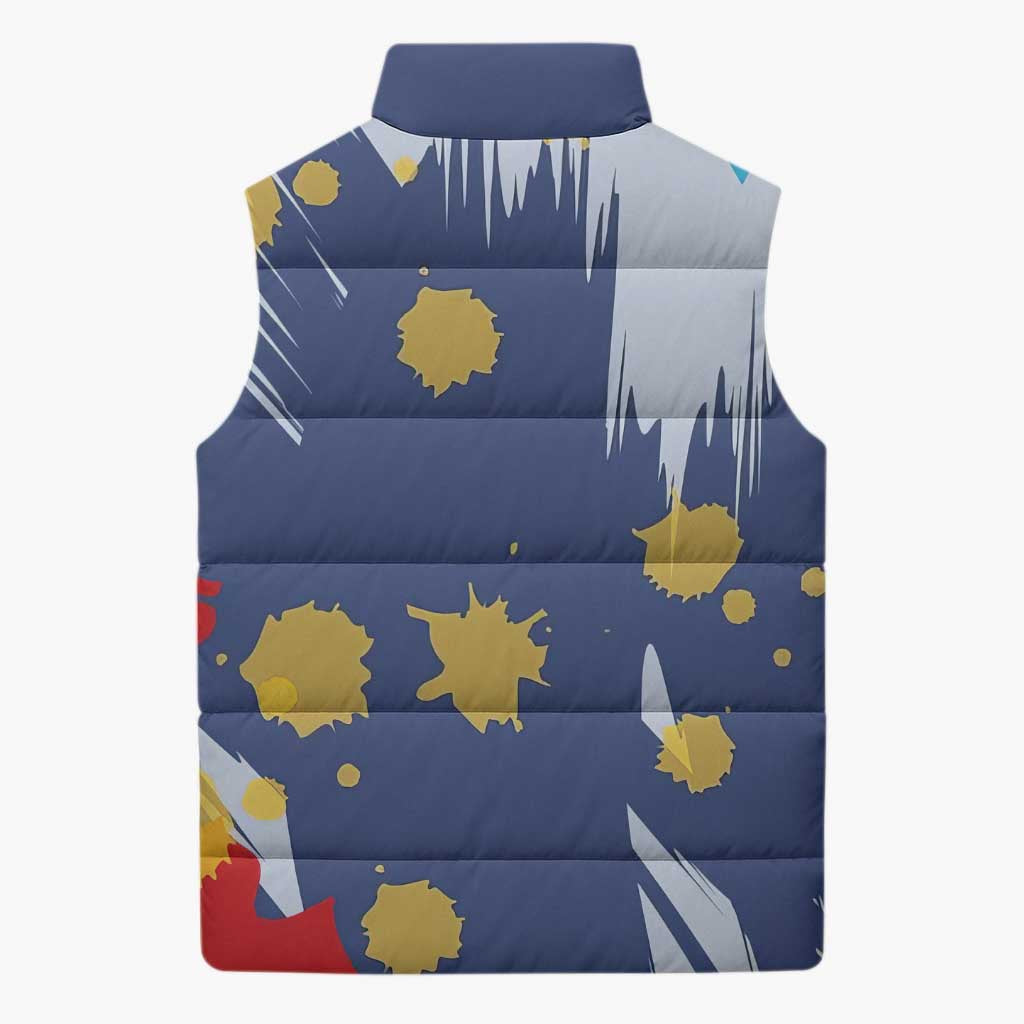 Dude I Said Friendly Graphic Sleeveless Puffer Jacket with Gold Paint Splatter and Retro Stripes